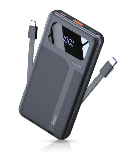 Antteez Portable Charger 10,000mAh, Power Bank Fast Charging with Built-in Cables, 22.5W USB C Travel Battery Pack, LED Display & 4 Outputs, Compatible with iPhone, Samsung, iPad - color: Dark