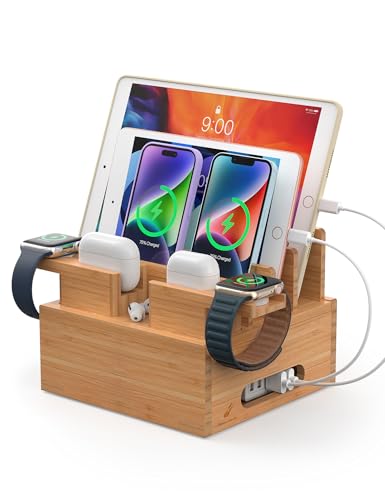 Pezin & Hulin Bamboo Phone Charging Stand with 2 Watch & Earbuds Holders - color: Dock Rack+Cables