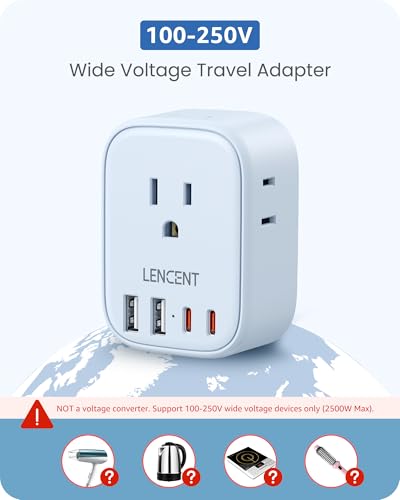 LENCENT European Travel Plug Adapter US to Europe Type-C Foldable Plug - style: Type C-17.5W-Most of Europe-Blue