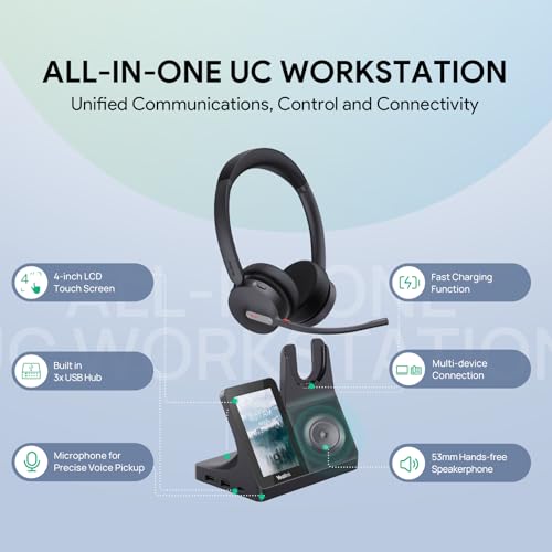 Yealink WH64 Workstation Dual Wireless Headset System with Touchscreen Base, DECT & Bluetooth, 3 Noise-Cancelling Microphones, Speakerphone, Busy Light for Office & Hybrid Work - style: WH64 Workstation Dual Teams