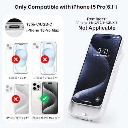 Battery Case for iPhone 15 Pro Max,Powerful 8600mah Ultra-Slim Protective Charging Case,15W Fast Charging Portable Rechargeable Expandable Battery Charger Cover for iPhone 15 Pro Max(6.7inch)-White - color: White