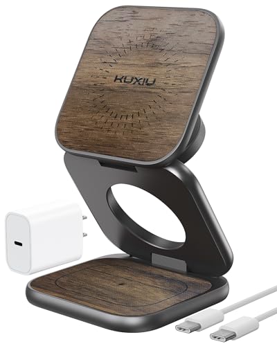KU XIU Qi2.2 25W Magnetic Wireless Charger, Foldable 3 in 1 Travel Charging Station for iPhone 17/16/15/14/13/12, 5W for Apple Watch & AirPods, Aluminum Alloy Design, with 45W GaN Adapter, Wood Grain - color: Wood Grain