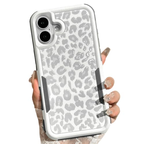 Cute White Leopard Light Gray Cheetah Case for iPhone 16 Plus | Heavy Duty Tough Rugged Full body Protection Shockproof Protective Phone Case for Women Girls - color: iPhone 16 Plus