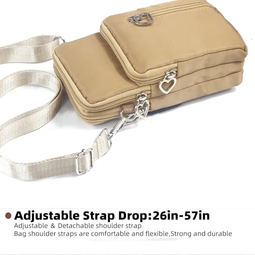 Small Crossbody Bag for Women, Multi Zip Pockets Nylon Wallet Purse Credit Card Holder with Detachable Hand Strap - color: Camel