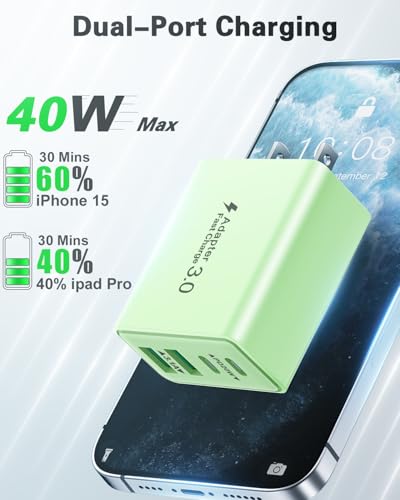 KOUEMGI 2-Pack 40W 4-Port USB C Fast Charging Block (Green), Dual PD+QC Charger Cube for iPhone 15/15 Plus/15 Pro/15 Pro Max, iPad, Samsung, LG, Google Pixel - color: 2-Pack Green