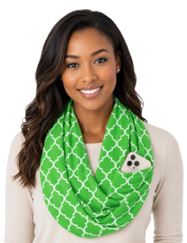 Pop Fashion Quatrefoil Pattern Infinity Scarf for Women - Travel Scarf with Hidden Pocket - All Seasons - color: Green, size: 24.5 x 9.5