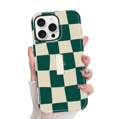 KANGHAR Compatible with iPhone 16 Pro Case Checkered -Green White | Silicone Cute Pattern, Finger Hold Wristband Kickstand Camera Protection Soft Slim Phone Case for Girls Women - color: (Checkered)Green White, size: iPhone 16 Pro