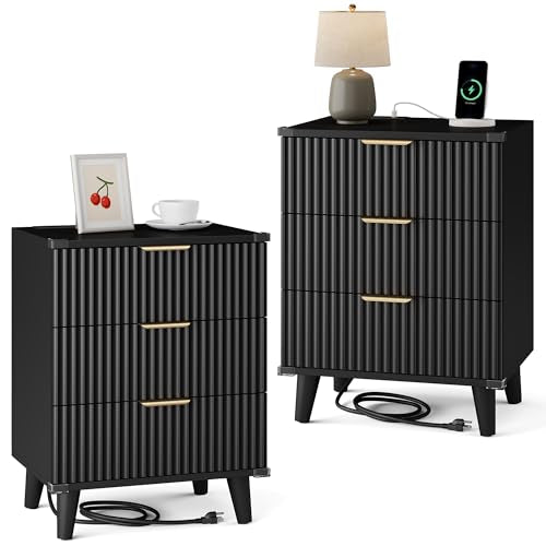 Wood Nightstands Set of 2 w/Charging Station, 3 Drawers Fluted Dresser - color: Black, size: 3 Drawers-Set of 2 Nightstand