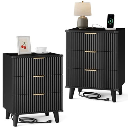 Wood Nightstands Set of 2 w/Charging Station, 3 Drawers Fluted Dresser - color: Black, size: 3 Drawers-Set of 2 Nightstand