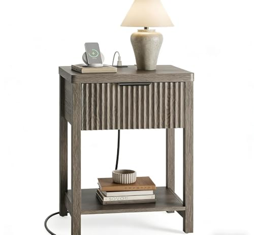Night Stand Set 1, Fluted Wood Bedside Table w/Socket Station for Bedroom - color: Dark Grey, size: 1 Drawer-Set of 1 Nightstand