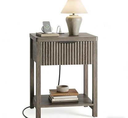 Night Stand Set 1, Fluted Wood Bedside Table w/Socket Station for Bedroom - color: Dark Grey, size: 1 Drawer-Set of 1 Nightstand