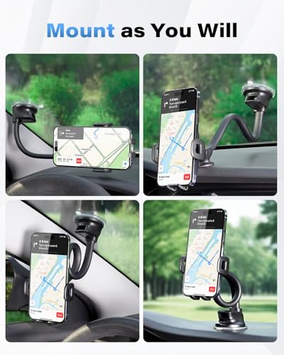 1Zero Solid Car Truck Phone Mount Holder with 14-Inch Gooseneck Long Arm - color: Black Mirror Surface with Silver Ring