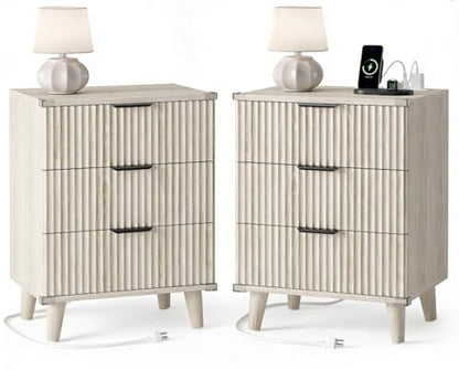 Wood Nightstands Set of 2 w/Charging Station, 3 Drawers Fluted Dresser - color: Grey White, size: 3 Drawers-Set of 2 Nightstand