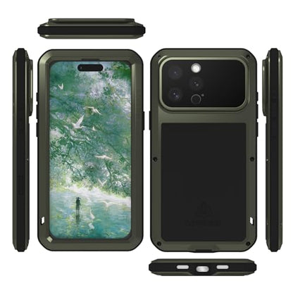 LOVE MEI Military Rugged Case for iPhone 16 Pro Max, with Tempered Glass Screen Protector, Shockproof Dustproof Scratch Proof Hybrid Metal and Silicone Gel Heavy Duty Full Body Cover Green - color: Green
