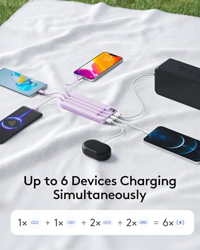 Orfeika Fast Charging Portable Charger Power Bank with Built-in 4 Cables | 10000mAh|Ultra-Slim&Light|Flight-Safe|Power 6 Devices at Once|22.5W|Battery Pack For iPhone,Samsung,Google|Travel Essentials - color: Purple