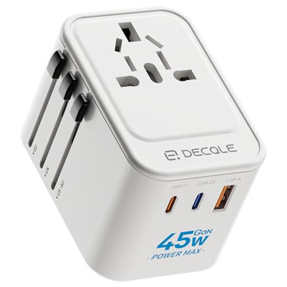 Universal Travel Adapter, 2 USB-C ＆ 1 USB-A, Cover 200+ Countries - color: White, size: GaN45W