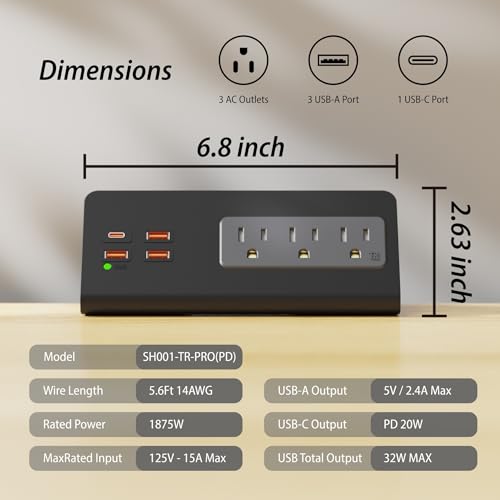 Upgraded,Desk Edge Clamp Mount Power Strips with USB Ports, PD20 W Fast Charging USB-C Port and 3 AC Outlets, Nightstand Charging Station,Office Tabletop Accessories,5.6 Ft Extension Cord - size: 1-Pack