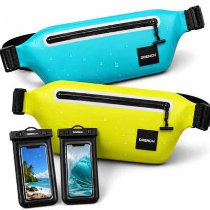 DRENCH Waterproof Waist Pack Bundle – Blue + Yellow, 2 Waterproof Fanny Packs + 2 Floating Phone Pouches, IPX8 Waterproof Dry Bags for Lake, Beach, Boating & Travel