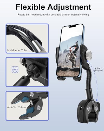Gooseneck Phone Holder for Bike - Motorcycle Phone Mount, 360° Rotatable Adjustable Cell Phone Handlebar Clamp, Scooter Phone Clip, for iPhone Air 17 Pro Max 16 1514 13, S25, 4.7-7" Smartphones