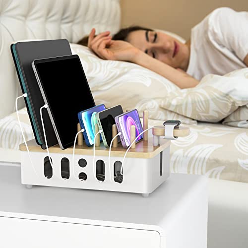 Charging Station for Multiple Devices Apple,New Upgrade Wood Charging Station for Phone Tablet Smart Watch Holder Desk Organizers，Dock Device Organizer White