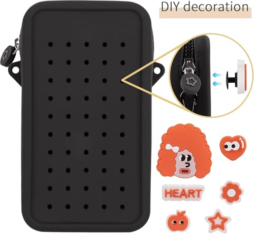 Silicone Crossbody Bag for Women, DIY Charm Compatible Perforated Hole Design, Compact Waterproof Lightweight Phone Purse with Adjustable Strap for Daily Use (Black) - color: Black