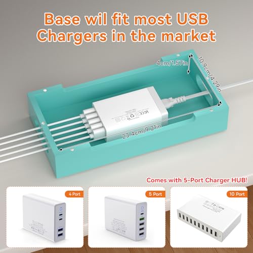 Bamboo Charging Station with 5 Port Charger HUB & 5 Cables-Teal - color: Teal