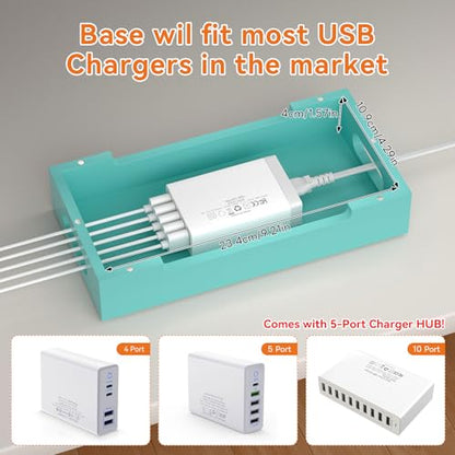 Bamboo Charging Station with 5 Port Charger HUB & 5 Cables-Teal - color: Teal
