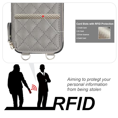 Bocasal Crossbody Wallet Case Card Holder for iPhone 15 Pro, Grey | RFID Blocking PU Leather Zipper Handbag Purse, Kickstand Flip Folio Case with Card Slots Holder Wrist Strap Lanyard 6.1 Inch - color: Gray