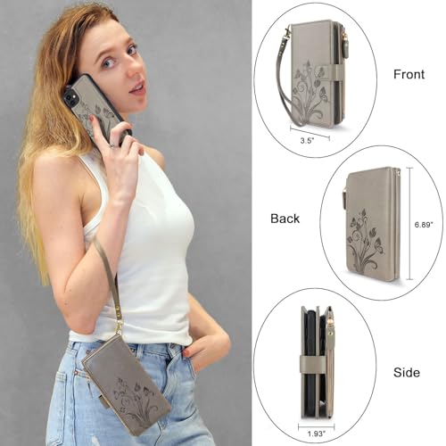 Case Wallet Compatible with iPhone 16e/17e, [12 Card Slots] ID Credit Cash Holder Zipper Pocket Detachable Leather Wallet Cover with Wrist Strap Lanyard（Floral Gray） - color: Floral Gray