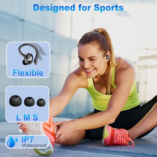 Hupoaf Wireless Earbuds Sport, NEW Bluetooth 5.4 Headphones with Earhooks, 50H Stereo Deep Bass Over Ear Buds with 4 ENC Noise Canceling Mics, IP7 Waterproof Earphones for Running Workout Gym -Black - color: B-Glossy black