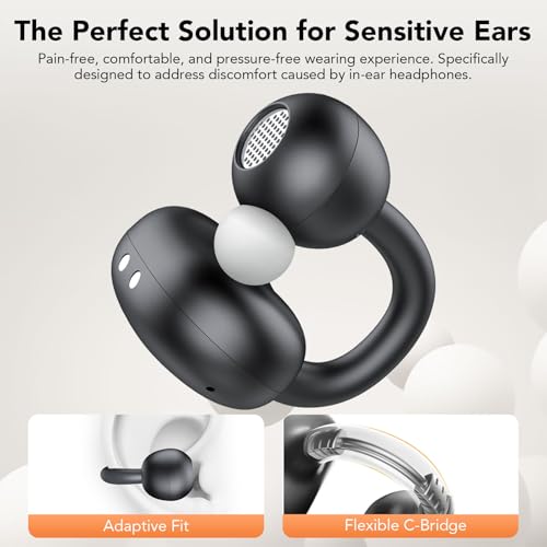 Clip on Earbuds Open Ear Wireless Bluetooth 5.4 Headphones with Noise Cancelling Mic, 48H Playtime Ear Buds,IP68 Waterproof, Comfortable for Small Ears (Light Black)