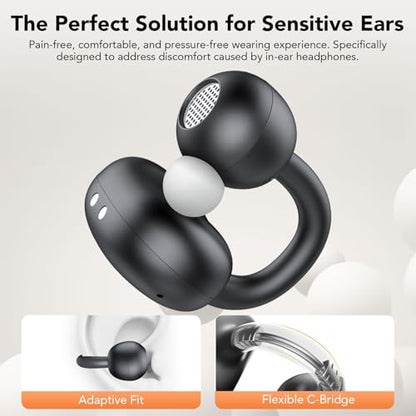Clip on Earbuds Open Ear Wireless Bluetooth 5.4 Headphones with Noise Cancelling Mic, 48H Playtime Ear Buds,IP68 Waterproof, Comfortable for Small Ears (Light Black)