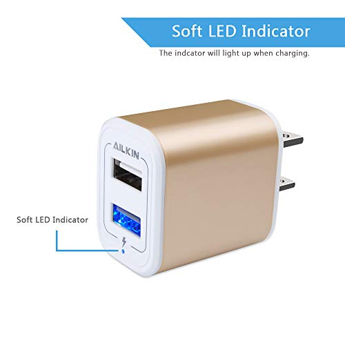 USB Power Adapter, Wall Plug Ailkin 2-Pack 5V/2.1A Fast Charging Cell Phone - color: Gold