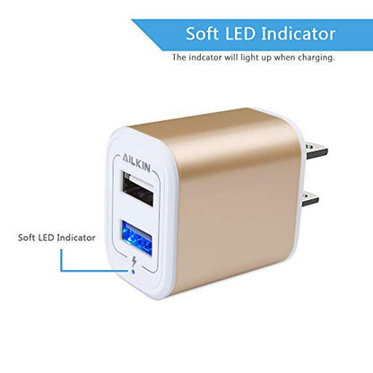 USB Power Adapter, Wall Plug Ailkin 2-Pack 5V/2.1A Fast Charging Cell Phone - color: Gold