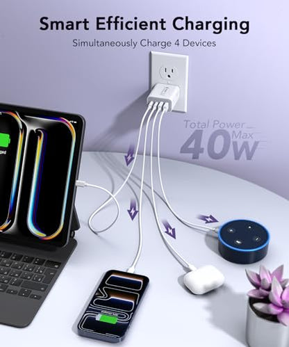 3 Pack Fast Charging Block, 40W 4-Port Charger Cube Power Brick Plug Box Base Adapter for iPad/Pro/Mini, Compatible with iPhone 13/14/15/16/17,Galaxy, Motorola,Sony, Google Pixel, Tablet - color: 3 Pack White