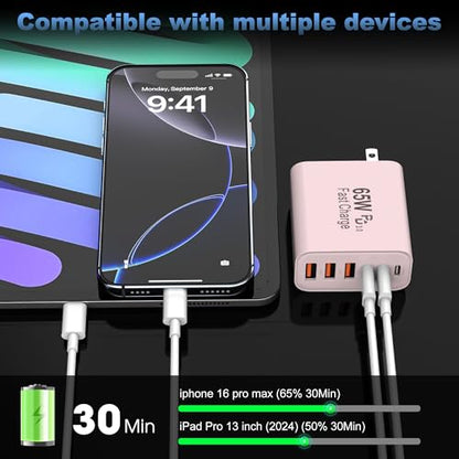 65W USB C Charger Block,6-Port Multi Device Fast Charger PD QC Wall Adapter - color: Pink, size: 65w