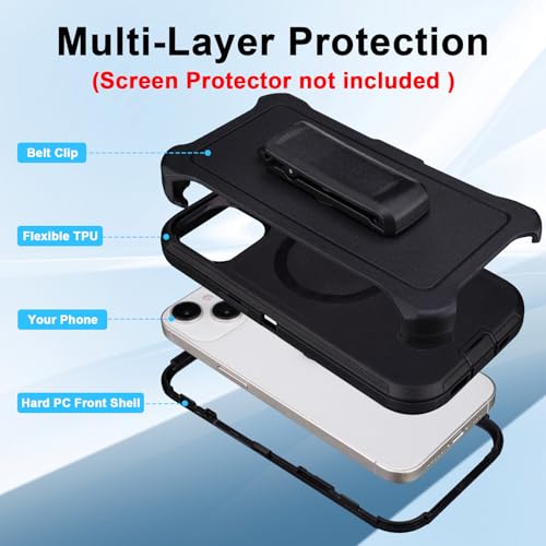 Magnetic for iPhone 13 Case with Belt Clip, Holster with Kickstand, Black | Compatible with MagSafe, Heavy Duty Military Grade Drop Protection, 3-Layer Rugged Shockproof for iPhone 13 Protective Case - color: Black