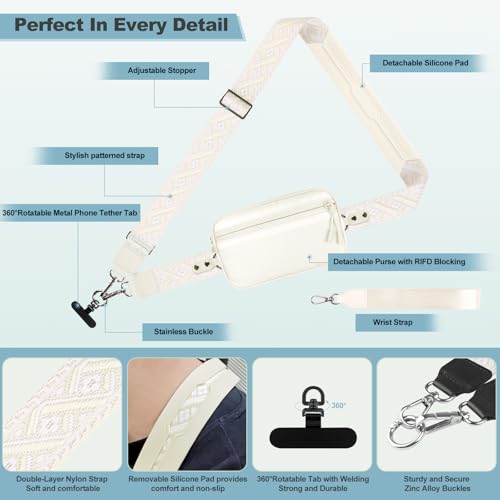 YFWE Clip and Go Strap for Phone with Wallet Crossbody, Adjustable Phone Lanyard with Detachable RFID Wristlet Wallet, Pattern Strap - Cream (L) - color: Cream-pattern Strap, size: Large