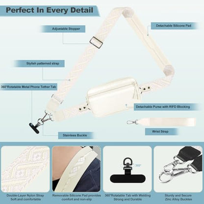 YFWE Clip and Go Strap for Phone with Wallet Crossbody, Adjustable Phone Lanyard with Detachable RFID Wristlet Wallet, Pattern Strap - Cream (L) - color: Cream-pattern Strap, size: Large