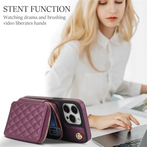Phone Case for iPhone 14 Pro 6.1 inch Wallet Cell Cover with Tempered Glass Screen Protector Wrist Strap RFID Blocking Card Holder iPhone14Pro 5G i i-Phone i14 iPhone14 4 14Pro Women Girls Dark Purple - color: Dark Purple