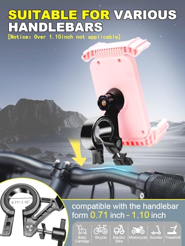 Bicycle Phone Holder,Motorcycle Handlebar Phone Mount,1S Quick Lock Release,360°Rotation Silicone Wrapped Phone Clamp Stand for E-bike,Scooter ATV Strollers Bike Phone Clip,for 4.7- 6.8"Phones - color: Pink