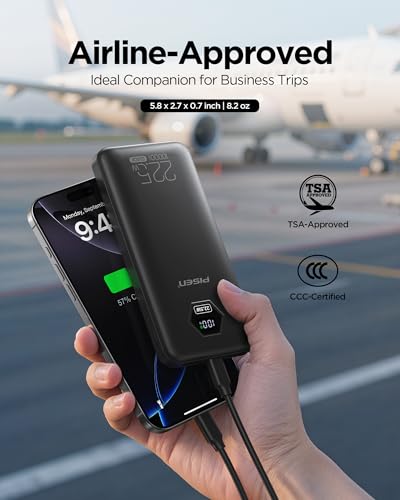 PISEN 10000mAh 3C Power Bank - 10000mAh 22.5W CCC Certified Power Bank, Travel Battery Pack 3C Portable Charger, PD QC LED Display Travel Portable Charger 2USB-A, 1USB-C for iPhone, Samsung and More