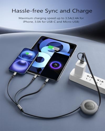 Minlu 3 in 2 Multi Charging Cable, 4Ft Retractable Chargers for All Devices,Multiple USBC Charger Cable Adapter with USB A/C to Lightning/USB C/Micro USB Port for iPhone 17/16/15/14/Samsung/PS