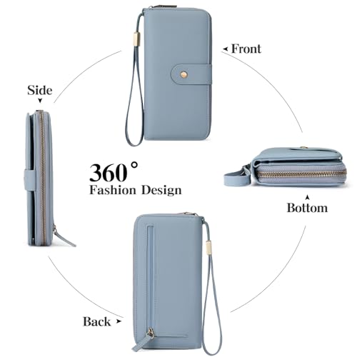GAEKEAO RFID Leather Wristlet Wallet for Women with Grip Strap | Large capacity clutch wallet, credit card holder, wrist strap, zipper purse, travel and shopping - color: Blue
