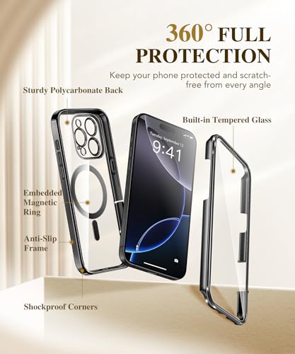 BERFY Magnetic for iPhone 16 Pro Max Case 6.9", [Compatible with Magsafe] Built-in 9H Tempered Glass Screen Protector & Upgraded Camera Protection, Full-Body Plating Phone Case for 16 ProMax, Black