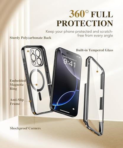 BERFY Magnetic for iPhone 16 Pro Max Case 6.9", [Compatible with Magsafe] Built-in 9H Tempered Glass Screen Protector & Upgraded Camera Protection, Full-Body Plating Phone Case for 16 ProMax, Black