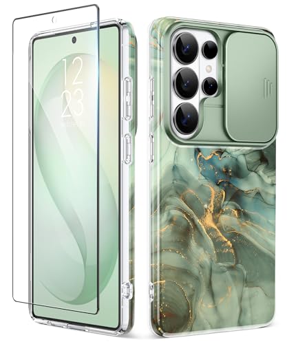 GVIEWIN for Samsung Galaxy S26 Ultra Case with Slide Camera Cover, [Screen Protector] [Shockproof Military Grade Drop Protection] Marble Slim Fit Hard PC Phone Cover S26 Ultra 6.9" 2026 (Desert Dream) - color: C-Desert Dream/Green, size: For Galaxy S26 Ul