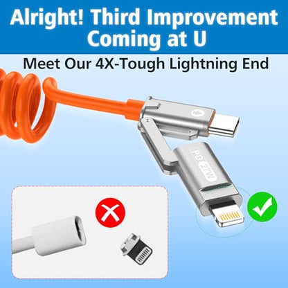 AGVEE 1.5ft 4-in-1 Coiled Multi Charging Charger Data Transfer Cable - color: Orange, size: 1.5ft