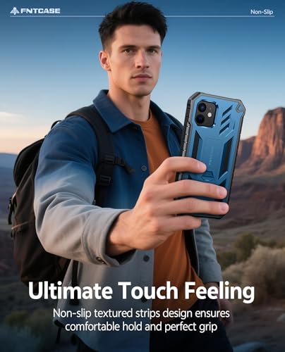 FNTCASE for iPhone 12 Case with Built-in Screen Protector and Kickstand | 20FT Military-Grade Drop Protection, Anti-Slip Matte Textured, Rugged Heavy Duty Shockproof TPU Protective Phone Cover - color: Blue