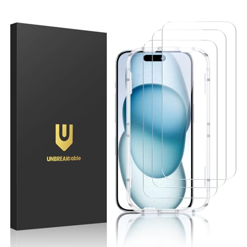 UNBREAKcable 3-Pack Screen Protector for iPhone 15 Tempered Glass | Shatterproof, Easy Install, 9H Hardness, 99.99% HD Clear, Bubble-Free, Anti-Fingerprint, Scratch Resistant, Case Friendly - size: iPhone 15
